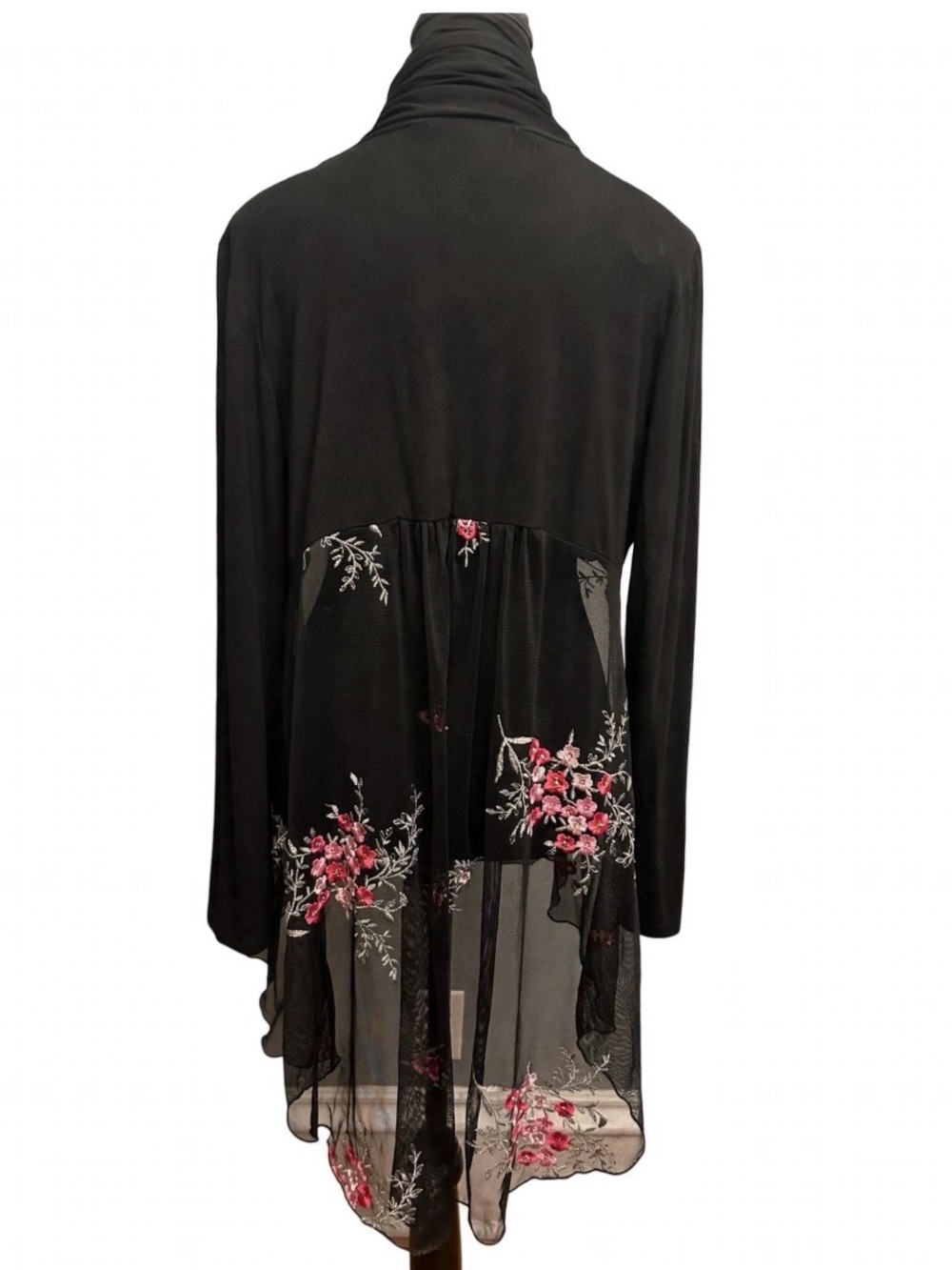Kim & Cami Black Open-Front Long Cardigan with Floral Embroidered Mesh Hem